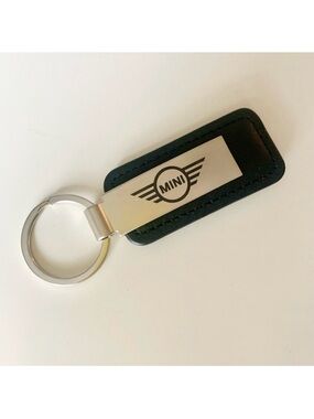 MINI Cooper Leather Silver Name Plate Keychain Key Ring